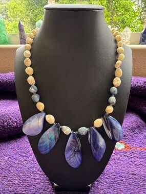 Handmade Blue Purple Shell Statement Necklace